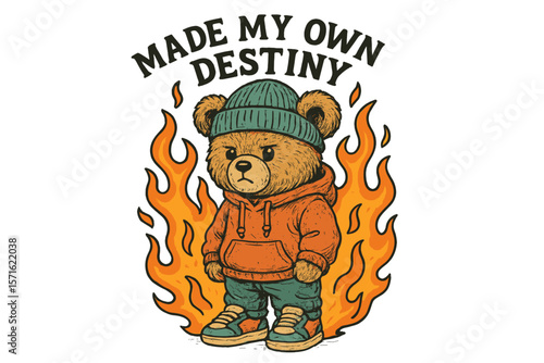 Cool bear character in a hoodie stands confidently amidst flames showcasing self-empowerment and individuality