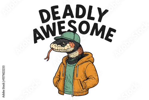 Cool snake character wearing a hoodie and cap with a funny slogan in a vibrant illustration style