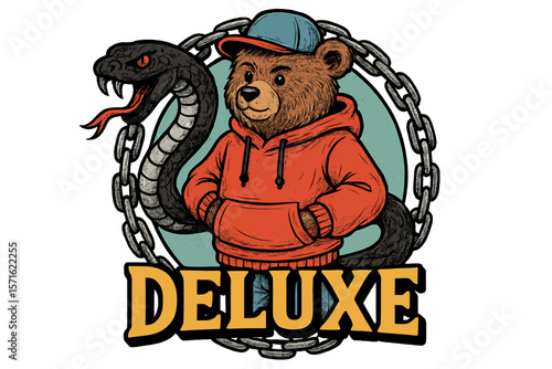 Bear character wearing hoodie and cap poses playfully with a snake in a colorful design suitable for apparel or merchandise