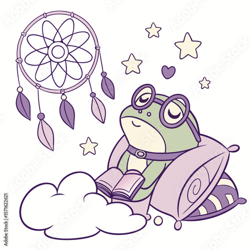 Cute SVG of a Dreamy Amphibean in Dreamland colors, featuring wearing glasses in a Fantasy dream setting