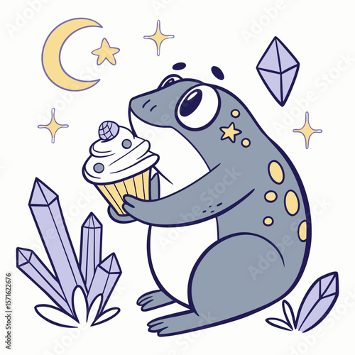 Creative SVG: Bashful Amphibean with holding a cupcake in a Magical Night colored Starry night theme