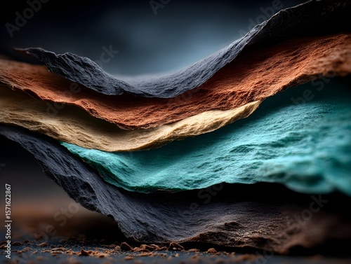 Layered earthy tones abstract art, textured paper, dark background, food photography