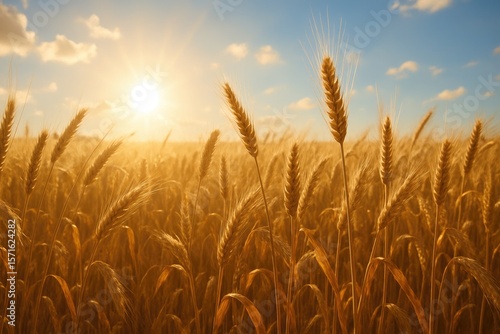 Golden wheat field under bright sun and blue sky yellow stalks