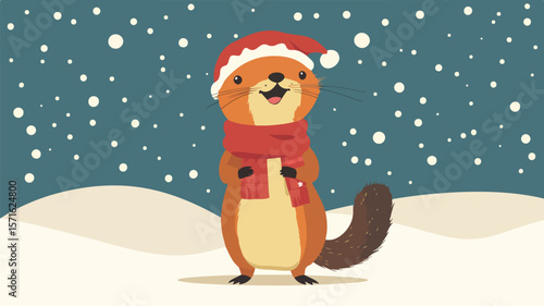 Festive Christmas Weasel Caroling in Simple Flat Vector Illustration