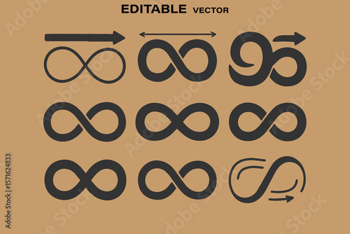 Collection of diverse infinity symbol variations with arrows and numbers for endless possibilities and concepts