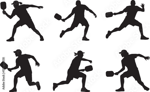 Male pickleball silhouette set with player action serving smash swinging court run paddle icon