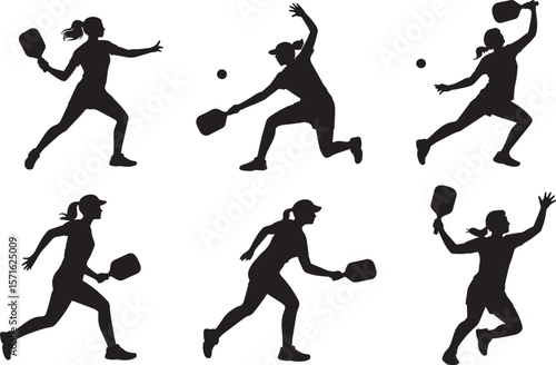 Pickleball player silhouette set showing woman hitting ball with paddle in sport action poses