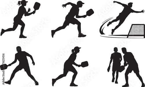 Pickleball icon set showing man and woman player silhouettes jumping action net paddle positions
