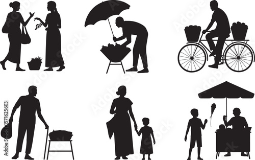 Indian market daily life icons with shopping couple walking bicycle vendor child and balloon boy