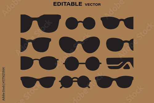 Collection of diverse black silhouette eyewear styles including sunglasses and optical frames on a brown background