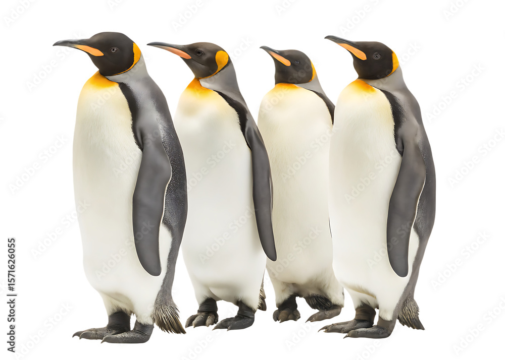 Fototapeta premium group of four emperor penguins isolated on white background PNG, AI GENERATED