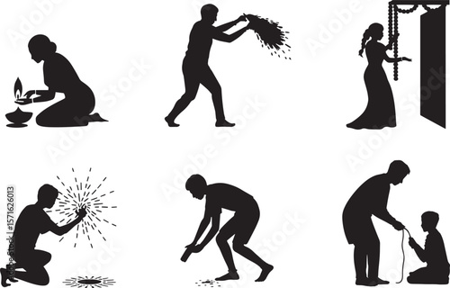 Diwali people silhouette icons showing diya prayer rangoli sparkler fireworks and festive scenes