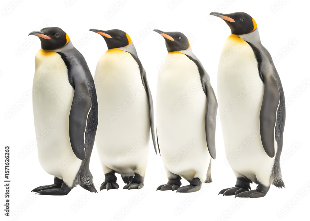 Fototapeta premium group of four emperor penguins isolated on white background PNG, AI GENERATED