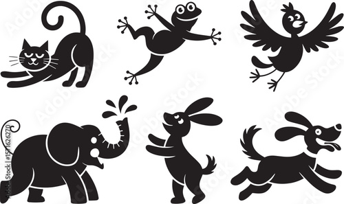 Happy cartoon animal icon set featuring cat bird frog elephant rabbit dog in playful black style