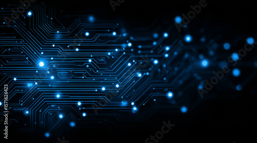 Abstract digital circuit board on technology blue background. Circuit connected lines and dots on abstract motherboard. Navy gradient tech bg. AI innovation concept.  Futuristic vector illustration.