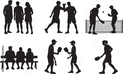 Pickleball team icon set with players handshake group bench net and conversation silhouettes