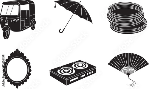 Indian item icons with umbrella auto rickshaw bangle mirror stove and hand fan home accessories