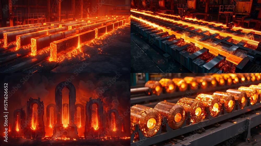 custom made wallpaper toronto digitalModern steel rolling mill with synchronized machinery shaping glowing steel rods.