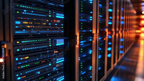 Data center server racks with blinking lights in a long hallway