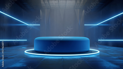 Abstract realistic 3d blue cylinder pedestal podium with Sci-fi dark blue abstract room with semi circle glowing neon lighting scene. Vector rendering product display presentation. Futuristic scene.
