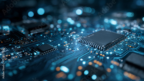 Abstract digital background with circuit line elements in technology blue. Circuit board vector illustration. Tech network bg. Futuristic technology background. AI chip and Electronics concept. 