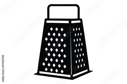 Black Kitchen Grater Illustration with Handle, Diamond and Circle Patterns for Shredding