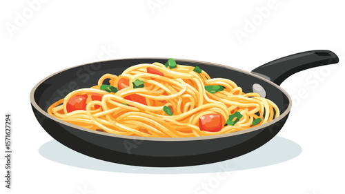 Delicious Noodles in Frying Pan Vector Illustration