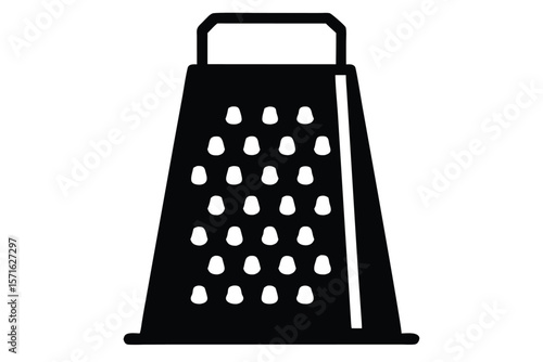 Black and White Illustration of a Trapezoidal Grater with a Handle and Sharp Holes