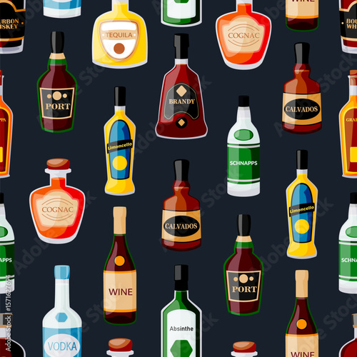Alcohol drink bottles seamless pattern. Vector illustration of alcohol drinks. Fashion textile print design