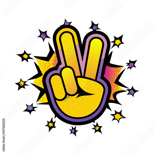 Yellow peace sign hand gesture in comic book style with stars, isolated vector image on transparent background  