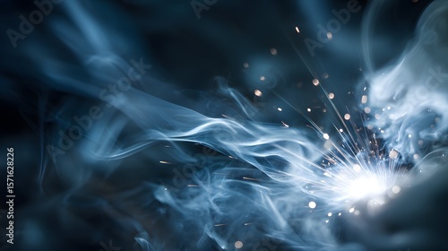 Macro Photographic Depiction of Gas Metal Arc Welding: Radiant Sparks, Glowing Light Patterns, and Soft Smoke Plumes in an Economical MIG Process