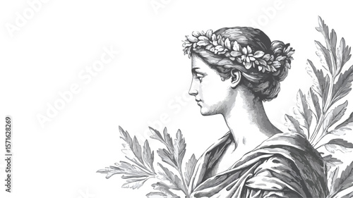 Roman Goddess Engraved Art with Laurel Leaves - Mythological Vector Illustration