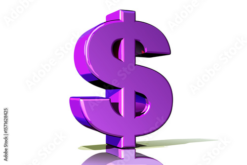 purple 3d dollar sign symbol with glossy metallic finish and shadow isolated on white background.