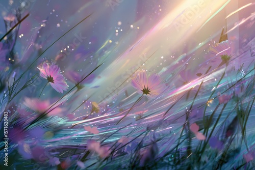 Dreamy illustration of glowing wildflowers swaying in radiant pastel light beams with magical sparkles in a surreal atmosphere