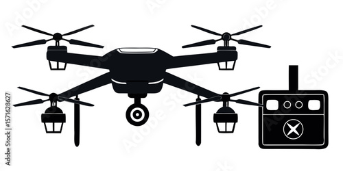 black drone silhouettes with remote controller and quadcopter designs isolated on white background.
