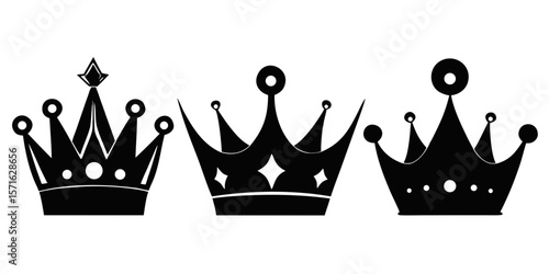 ornate black crown silhouettes with decorative dots and royal embellishments isolated on white background.