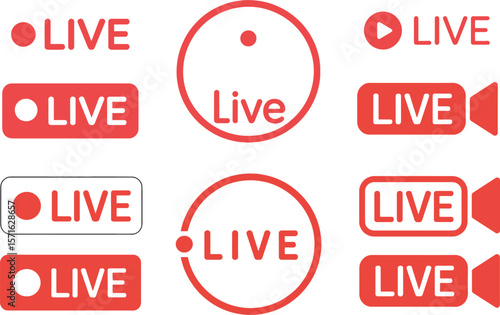Live Streaming Red Icon Set – Broadcast Symbols and Online Stream Buttons on Transparent Background