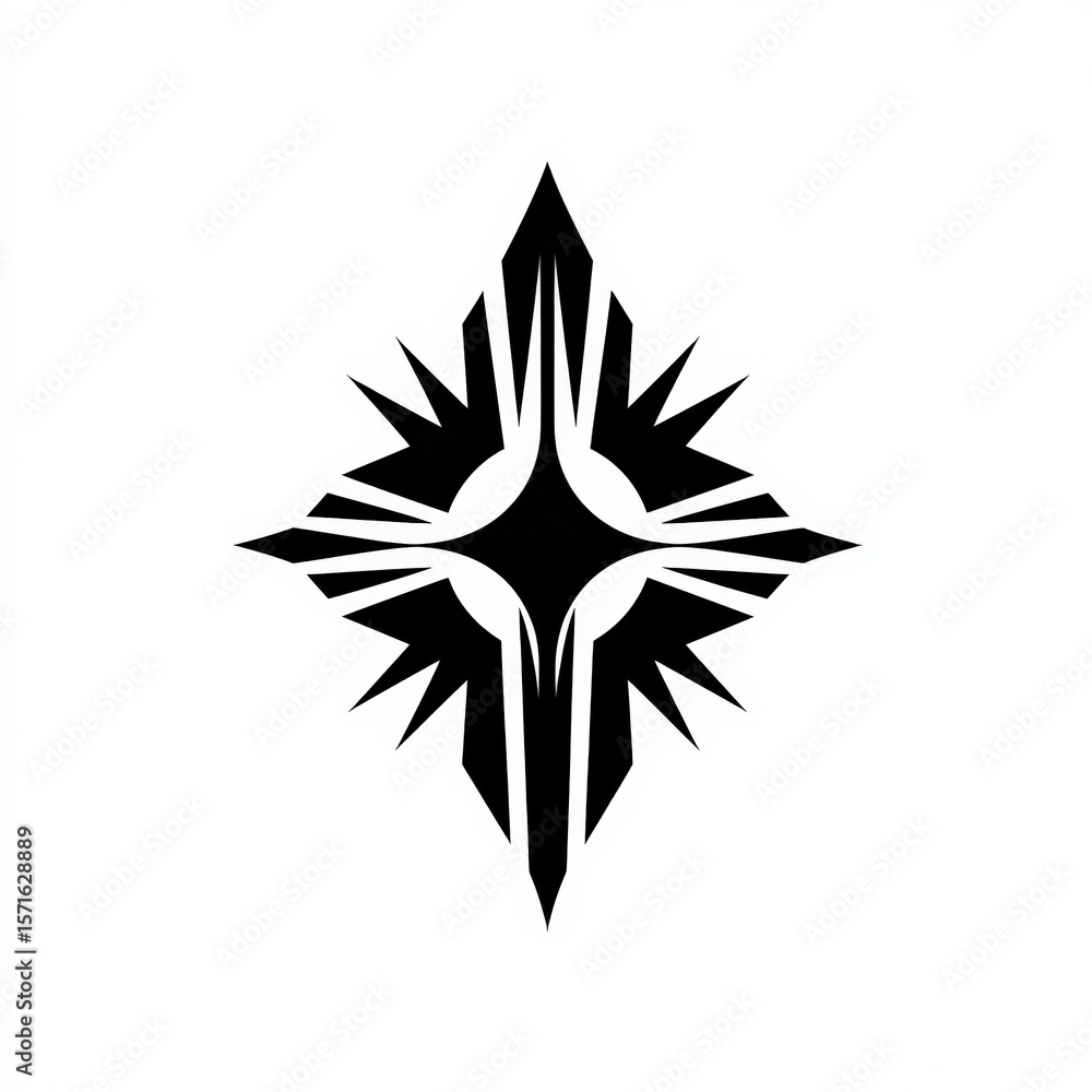 Obraz premium Symmetrical black abstract logo resembling a radiant meteor explosion or starburst with sharp geometric spikes on a white background