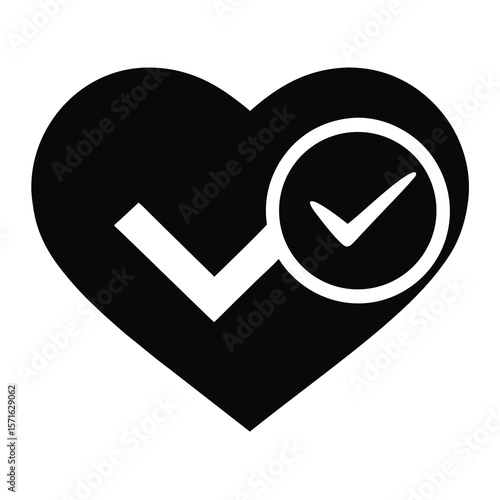 Heart with a checkmark inside silhouette symbol for approval success or correctness isolated on white background