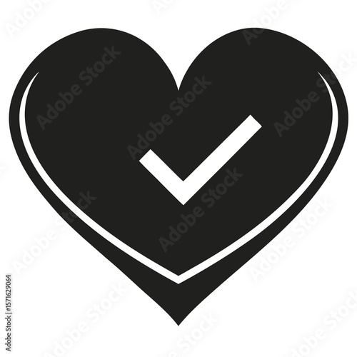 Heart with a checkmark inside silhouette symbol for approval success or correctness isolated on white background