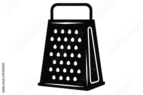 Black and White Illustration of a Grater with Handle and Shredding Holes