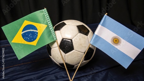 A soccer ball with brazil and argentina flags on a dark blue surface against a dark background