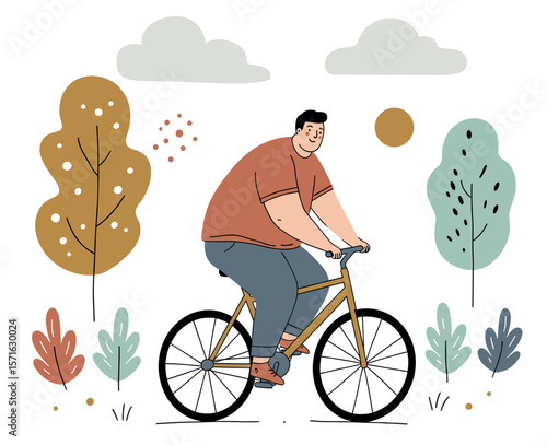 Plus-size man riding a bicycle in a scenic outdoor setting with trees and a sunny background