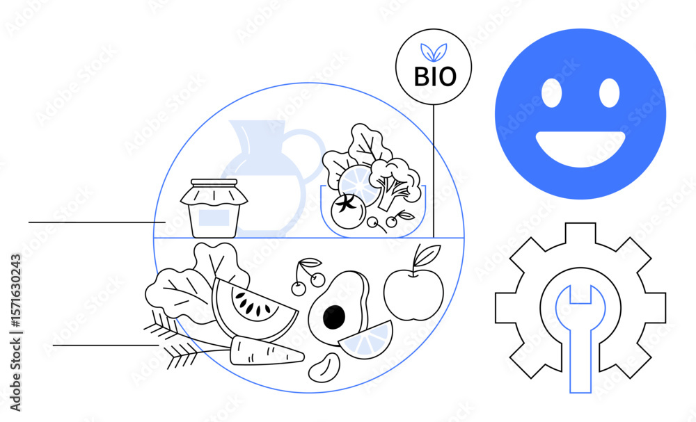 Naklejka premium Fresh fruit, vegetables, jar, bio label, smiling face, and gear with wrench. Ideal for health, organic food, sustainability eco-living wellness agriculture simple landing page