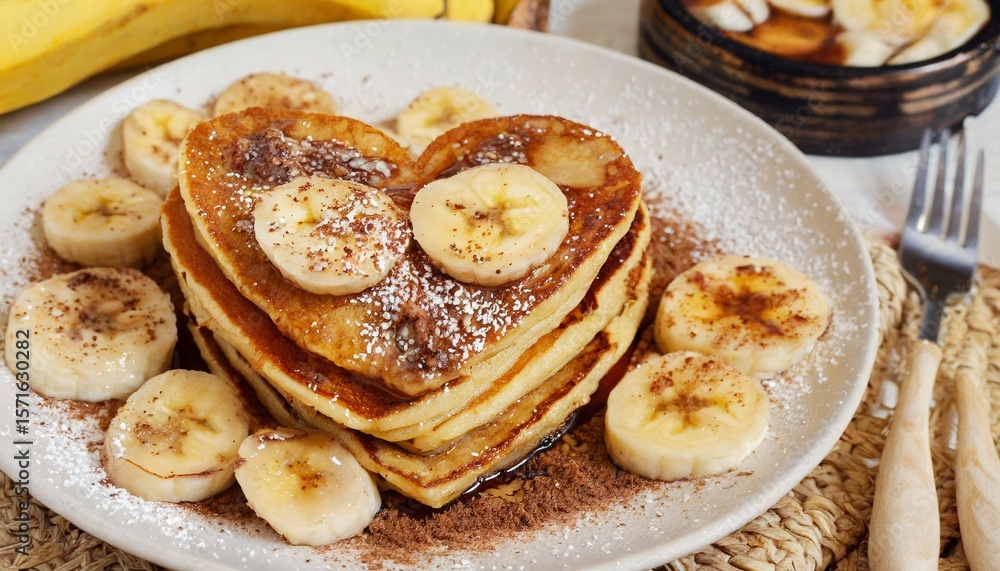 Pancakes heart-shaped arranged in a playful pattern, capturing the happiness of a morning breakfast Pancakes heart-shaped arranged in a playful pattern, capturing the happiness of a morning breakfast