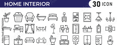 Home Interior icon set. solid style furniture, interior design, and household essentials: sofa, table, lamp, cabinet, plant, curtain, vase, wall art.