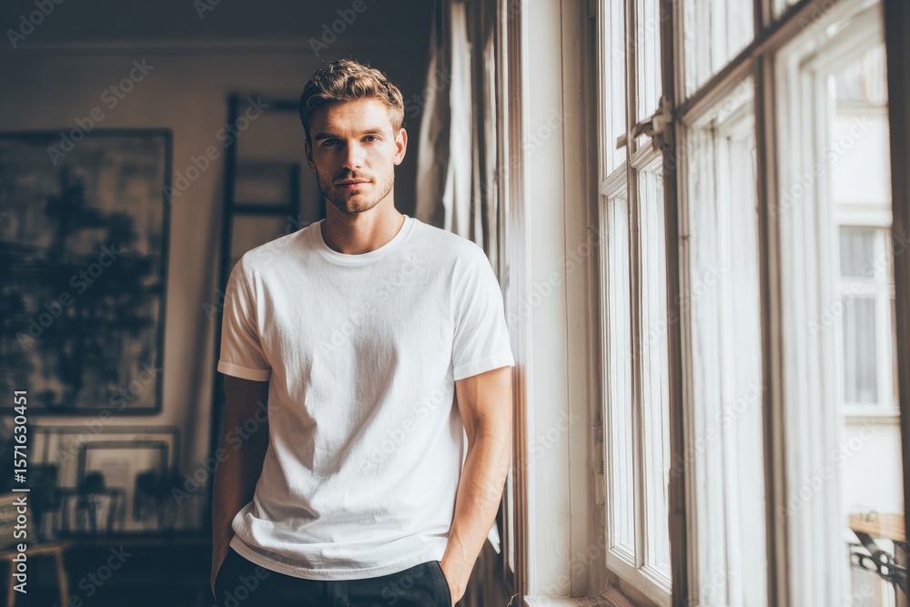 Fototapeta premium Elegant man stands by large windows in a stylish room with modern decor, showcasing a striking collage portrait that highlights his refined presence and confidence