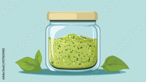Delicious Green Pesto Sauce in Jar - Simple Flat Isolated Image V