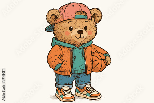 Cute bear character dressed in sporty attire holds basketball in playful pose