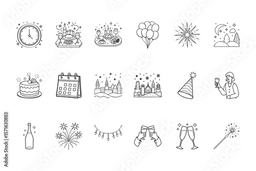 Handdrawn New Year's Eve Celebration Icons Bundle featuring clock champagne fireworks cake calendar more